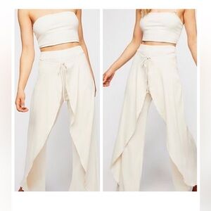 Free people saturday night ribbed wrap beach wide pants white cream small tie